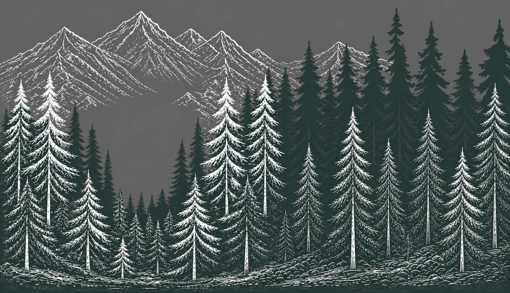An engraved alpine mountain and forest landscape